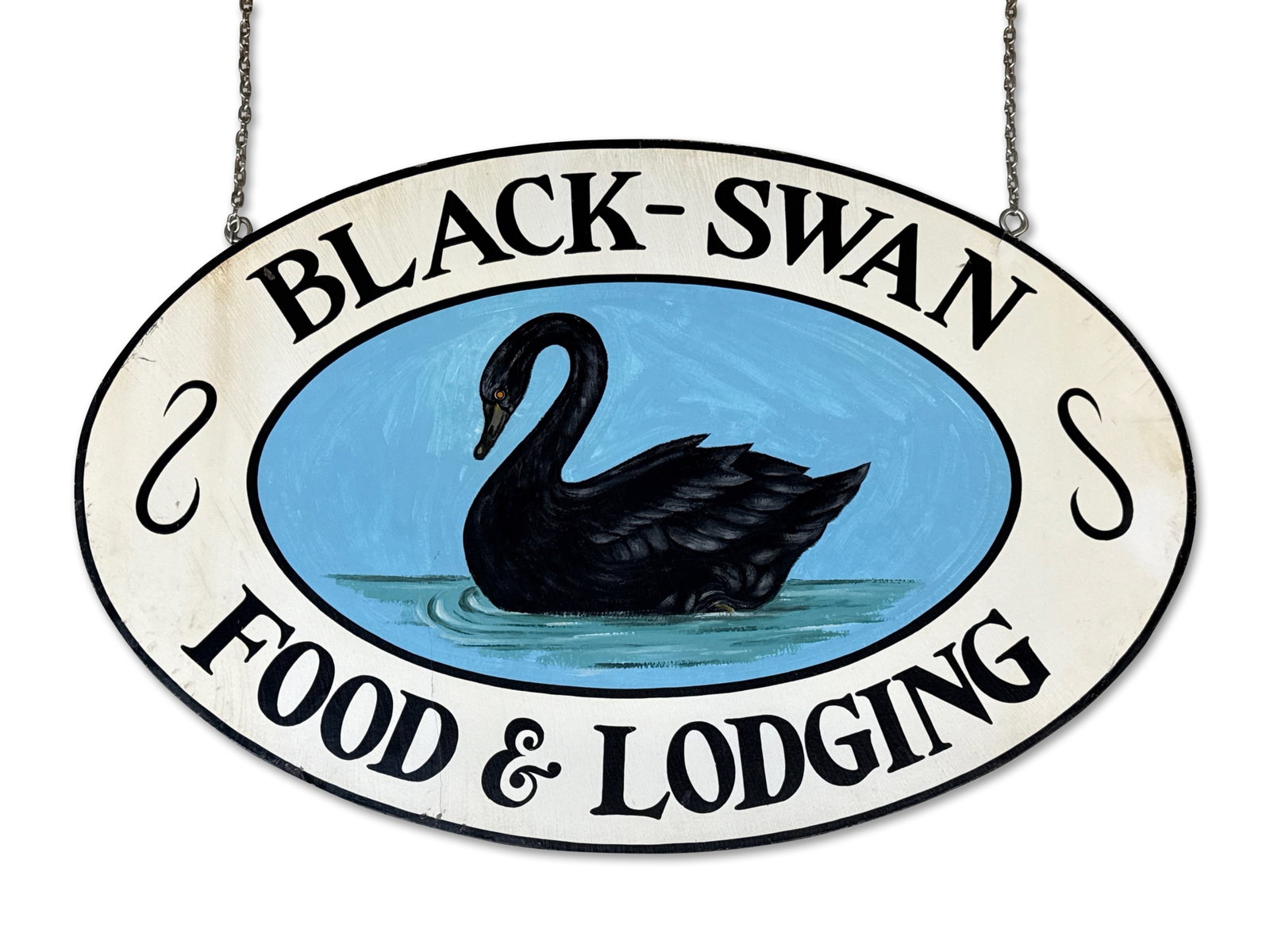 Wood Advertising Sign: Black Swan Lodging: A dual-sided hand-painted oval advertising sign for "Black Swan Food and Lodging". 32in tall x 47-1/2in wide. | You have additional shipping options! Philadelphia Metro area delivery, NYC curbside del
