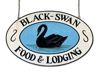 Wood Advertising Sign: Black Swan Lodging: A dual-sided hand-painted oval advertising sign for "Black Swan Food and Lodging". 32in tall x 47-1/2in wide. | You have additional shipping options! Philadelphia Metro area delivery, NYC curbside del