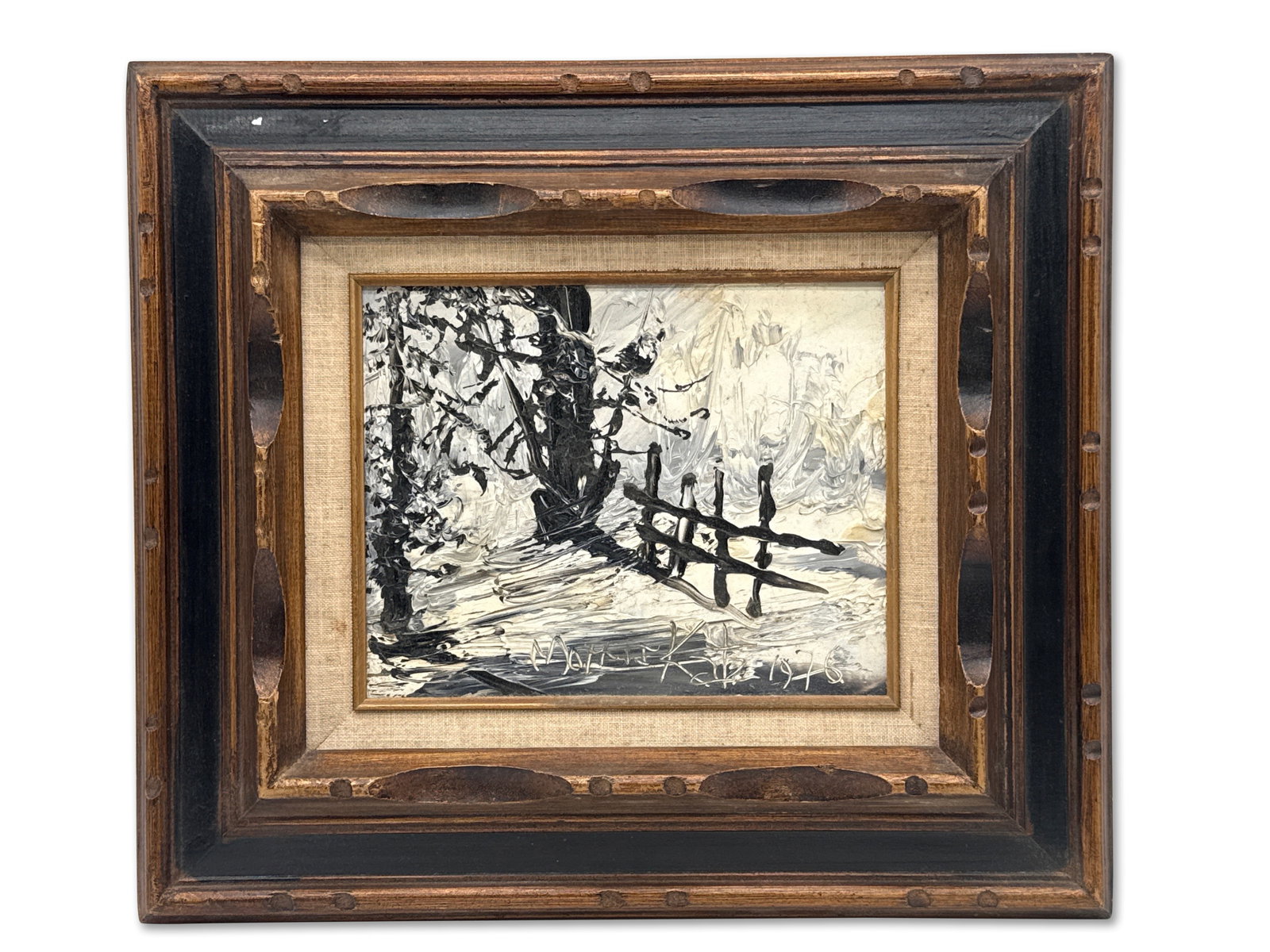 Morris Katz Oil/Board: Snow Scene: Morris Katz (American, 1932-2010). An oil on board abstract snow scene. Signed lower right, dated 1976. Board: 8in x 9-1/2in. Frame: 15-1/2in x 17in. | You have additional shipping options! Philadelph