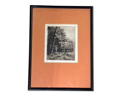 Paul Cezanne Etching: Landscape in Auvers: Paul Cezanne (French, 1839-1906). A dry point etching titled "Landscape in Auvers, Farm Entrance". Mat opening: 6in x 5in. Frame: 12-1/2in x 9-1/2in. | You have additional shipping options! Philadelph