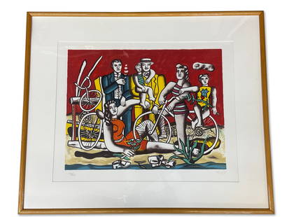 Fernand Leger Lithograph: Leisure: Fernand Leger (French, 1881-1955) A lithograph depicting "Leisure on a Red Background". Stamped signature lower right, numbered 150/250. Mat opening: 23in x 29in. Frame: 33-1/2in x 40in. | You have ad