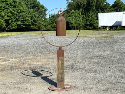Attributed to Tom Torrens Garden Bell Gong: An attributed to Tom Torrens (American/Washington, 20th C.) garden bell gong on a crafted steel and wood base. Unsigned. 76in tall x 36in wide. | You have additional shipping options! Philadelphia Met