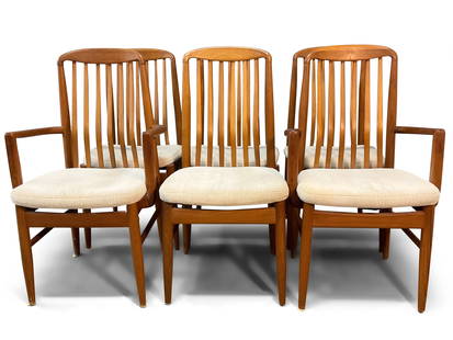 Six Benny Linden Danish Modern Teak Dining Chairs: A set of six Danish-style teak dining chairs with curved slat backs designed by Benny Linden. Side chairs: 38-1/2in tall x 19in wide x 18-1/2in deep. | You have additional shipping options! Philadelph