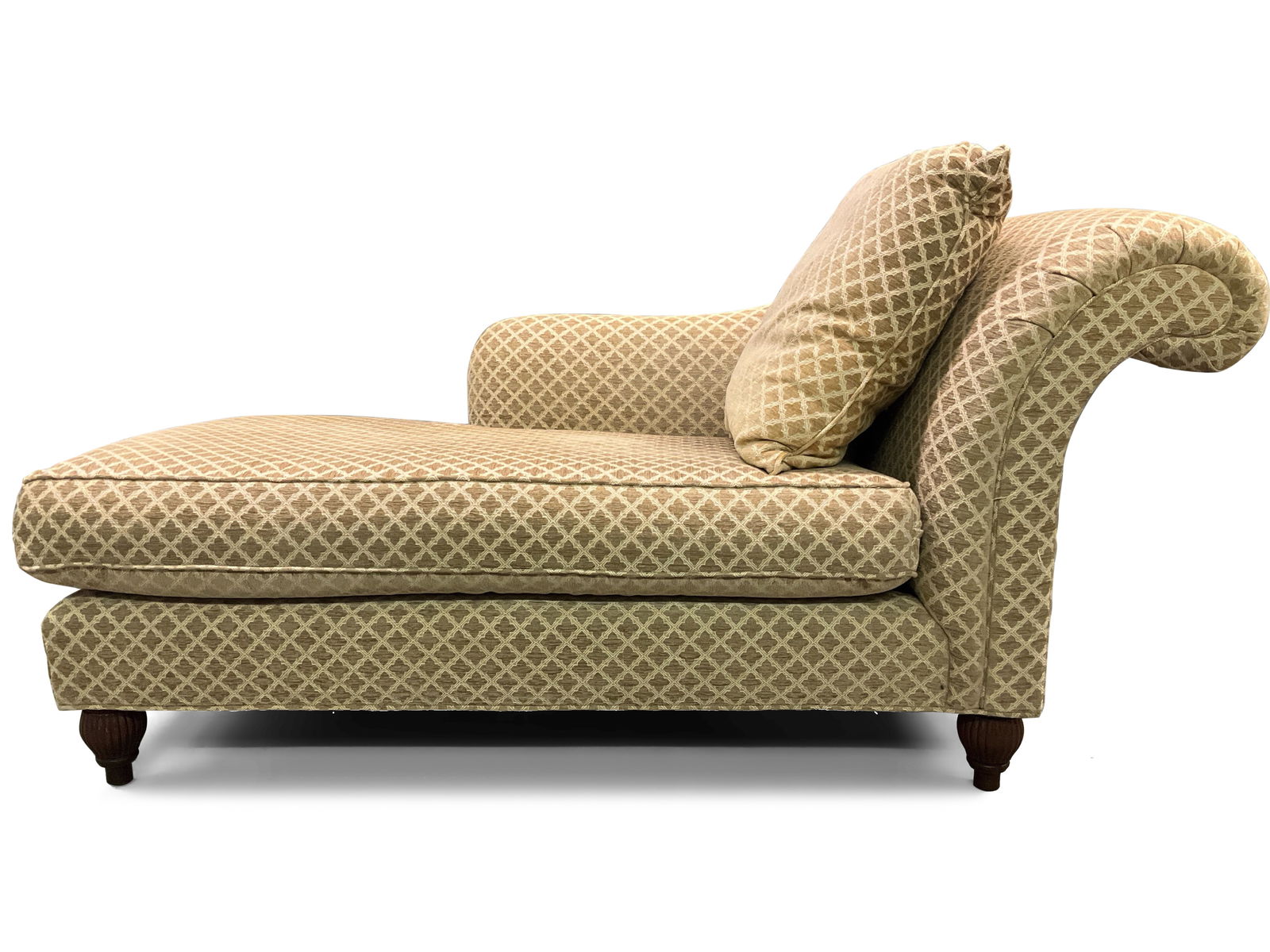 Baker Milling Road Upholstered Chaise Lounge: A Baker Milling Road upholstered chaise lounge raised on turned legs. 33in tall x 67-1/2in wide x 33in deep. | You have additional shipping options! Philadelphia Metro area delivery, NYC curbside deli