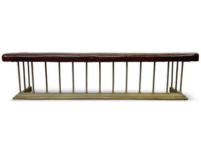 Edwardian Leather and Brass Club Fire Fender: An Edwardian leather and brass club fire fender. 19-1/2in tall x 77-1/2in wide x 17in deep. | You have additional shipping options! Philadelphia Metro area delivery, NYC curbside delivery, and other t