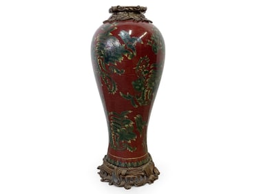 Large Castilian Patinated Metal-Mounted Porcelain Vase