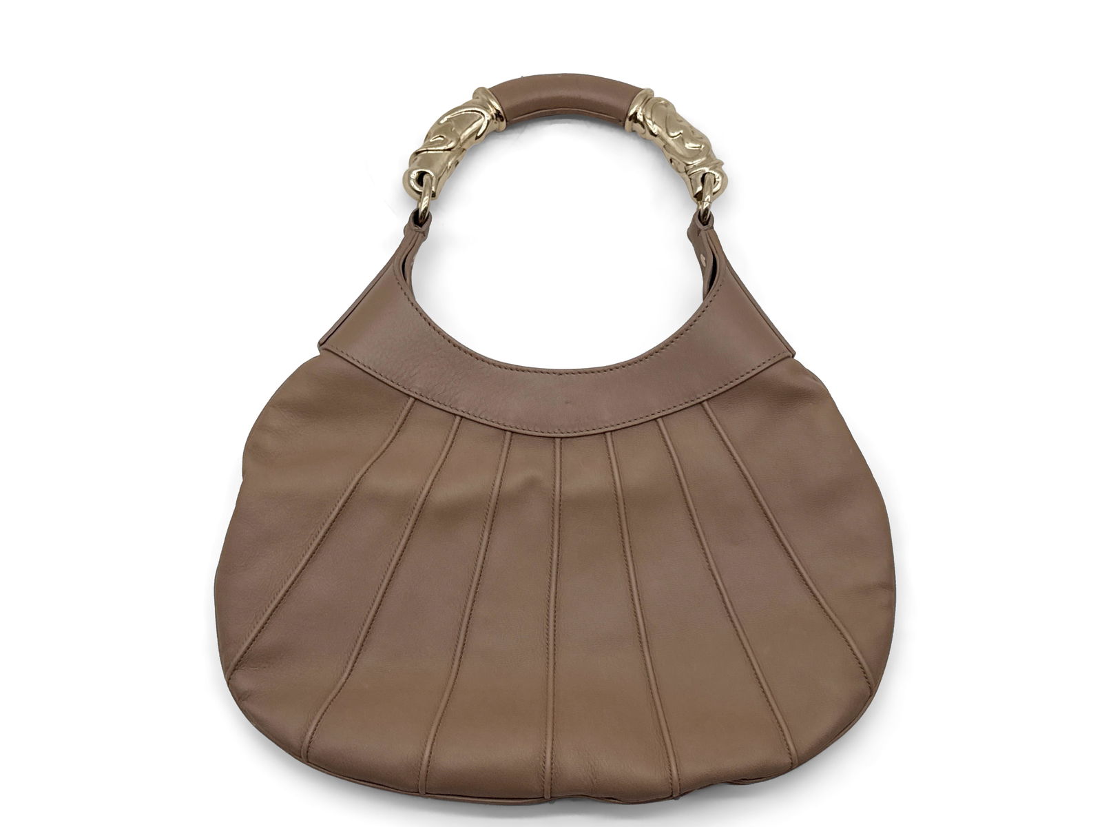 Escada Tan Leather Handbag: An Escada tan leather handbag with metal detailed handle. Marked Escada on interior. 14-1/2in tall x 13in wide. | You have additional shipping options! Philadelphia Metro area delivery, NYC curbside d