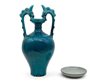 Chinese Dragon-Handled Vase & Celadon Dish