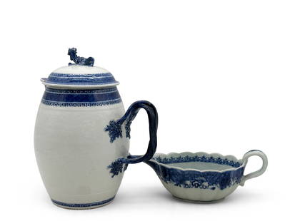 Chinese Export Porcelain Pitcher and Creamer: A Chinese blue and white Canton pitcher with vine handle and foo dog finial, and a scalloped-edge creamer. Larger: 10-1/2in tall x 8in wide. | You have additional shipping options! Philadelphia Metro