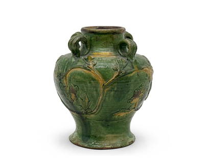 Chinese Fahua Ware Jar: A Chinese Fahua-ware jar in green and yellow with leaf decoration. 7-1/2in tall x 6in wide. | You have additional shipping options! Philadelphia Metro area delivery, NYC curbside delivery, and other t