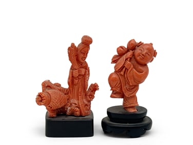 Chinese Coral Guanyin and Hotei Figures