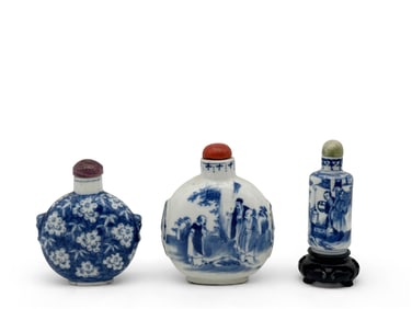 Three Chinese Blue & White Snuff Bottles