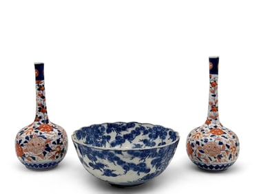 Chinese Blue & White Bowl and Imari Vases