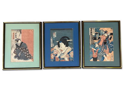 Three Japanese Woodblock Prints: Kabuki Actors: A grouping of three framed Japanese woodblock prints depicting kabuki actors. Frames: 19in x 15in. | You have additional shipping options! Philadelphia Metro area delivery, NYC curbside delivery, and