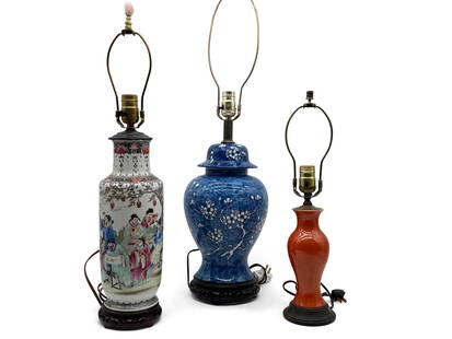 Three Chinese Porcelain Lamps: To include a blue and white cherry blossom ginger jar lamp, a genre scene lamp, and an orange glazed lamp. Largest: 15in tall. | You have additional shipping options! Philadelphia Metro area delivery,
