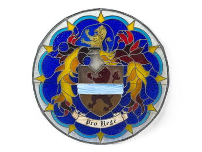 Large Stained and Leaded Glass Window: A large stained and leaded glass window with a heraldic crest and "Pro Rege" ribbon. 47-1/2in diameter. | You have additional shipping options! Philadelphia Metro area delivery, NYC curbside delivery,