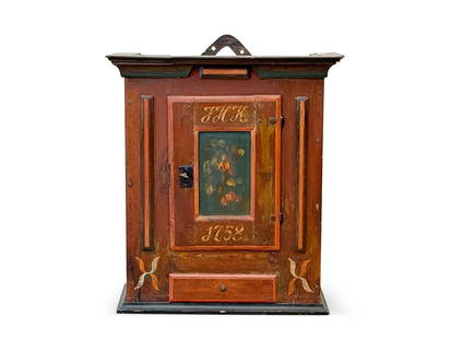 Swedish Allmoge Painted Wall Cabinet: A Swedish Allmoge painted wall cabinet, dated 1758, with a shelved interior and shallow drawer. 27-1/4in tall x 24in wide x 10-3/4in deep. | You have additional shipping options! Philadelphia Metro ar