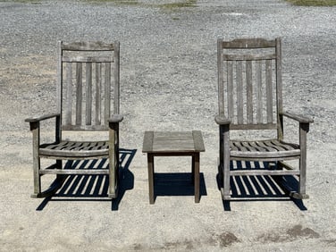 Pair of Teak Patio Rockers and Side Table