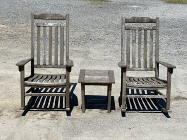Pair of Teak Patio Rockers and Side Table