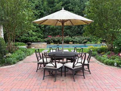 Restoration Hardware Antibes Patio Dining Set: A Restoration Hardware Antibes heavy cast aluminum patio dining set comprised of a circular table and six chairs. Umbrella is not included. Table: 30in tall x 54in diameter. | You have additional ship