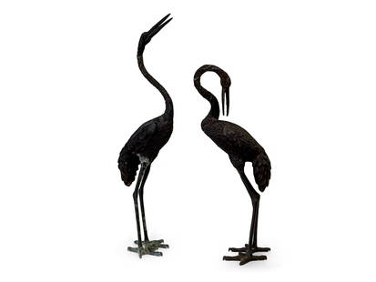 Pair of Chinese Bronze Garden Cranes: A pair of Chinese bronze garden crane sculptures. Taller: 34-1/2in. | You have additional shipping options! Philadelphia Metro area delivery, NYC curbside delivery, and other third-party shipper detai