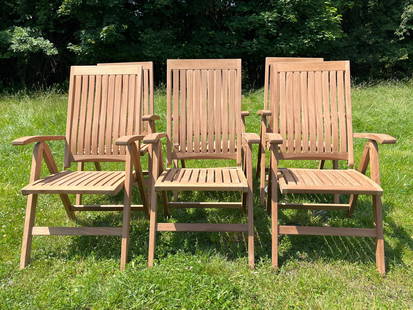 Six Folding Teak Patio Dining Chairs: A set of six folding teak slatted patio dining armchairs. 41-1/2in tall x 25in wide x 29in deep. | You have additional shipping options! Philadelphia Metro area delivery, NYC curbside delivery, and ot