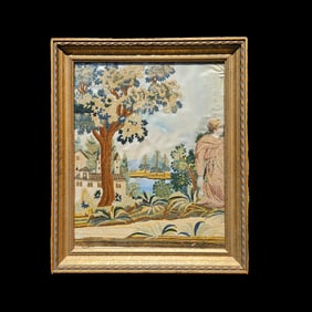 19th C. Embroidery Sampler Fragment: Landscape