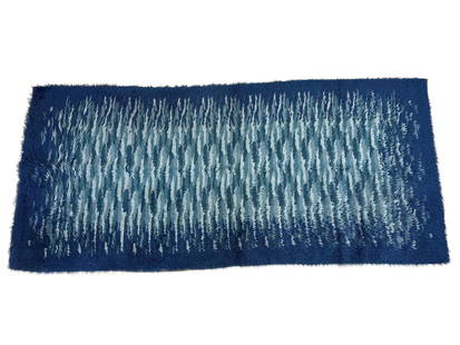 Midcentury Modern Shag Area Rug: A midcentury modern rya-style shag rug with blue coloration, 6ft 10in x 3ft 1in. | You have additional shipping options! Philadelphia Metro area delivery, NYC curbside delivery, and other third-party