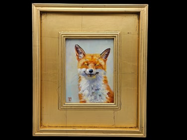 Gilt-Framed Oil/Board: Contented Fox