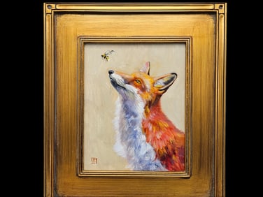 Gilt-Framed Oil/Board: Fox and Bee