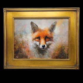 Gilt-Framed Oil/Board: Fox Head