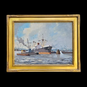 J.H. Peters Oil/Canvas: Ship at Harbor