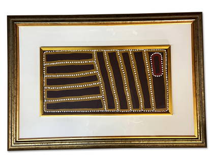 Walala Tjapaltjarri Aboriginal Painting: Walala Tjapaltjarri (Pintupi, b. 1960). An acrylic on linen circa 2000. Includes original bill of sale and customs declaration. Frame: 12-1/2in x 24-1/2in. Frame: 26in x 38in. | You have additional sh