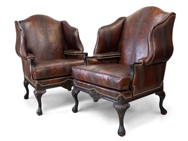 Pair of Georgian-style Leather Wing Chairs