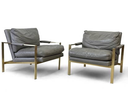 Pr. Milo Baughman Thayer Coggin Lounge Chairs: A pair of Milo Baughman model 951 flat bar lounge chairs for Thayer Coggin with a brass finish and leather upholstery. 29in tall x 29-1/2in wide x 33in deep. | You have additional shipping options! Ph