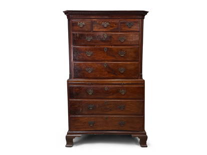 George III Mahogany Chest-on-Chest: A George III mahogany chest-on-chest with a dental molded top over a two-piece case on bracket feet. 73in tall x 42-1/2in wide x 20in deep. | You have additional shipping options! Philadelphia Metro a