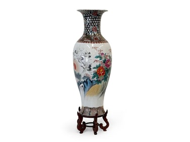 Asian Porcelain Flying Cranes Floor Vase