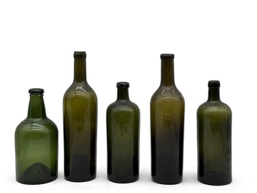 Collection of Five Olive Green Glass Bottles