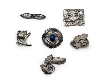 Six Art Nouveau Sterling Silver Brooches