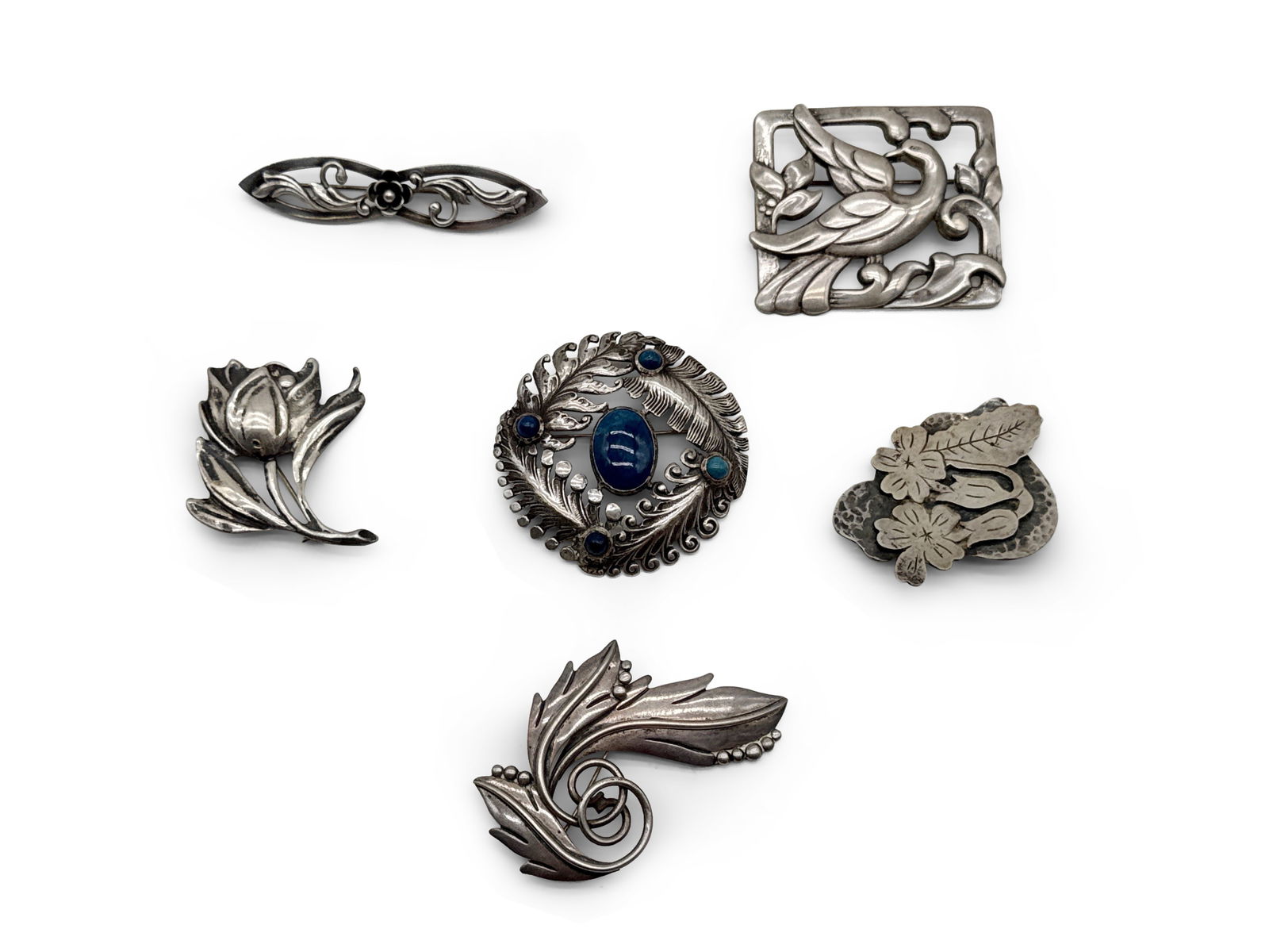 Six Art Nouveau Sterling Silver Brooches