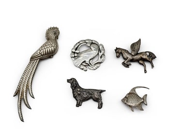 Five Sterling Silver Animal-Form Brooches