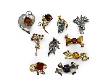 Ten Sterling Silver Jeweled Brooches