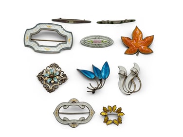 Ten Enameled Sterling Brooches