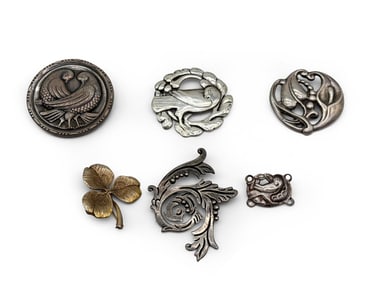 Six Silver Art Nouveau-style Brooches