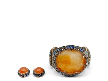 Chinese Silver and Carnelian Bracelet & Earrings Suite