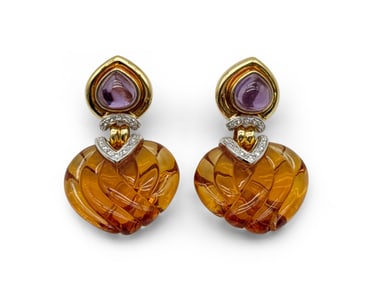 Pair of 18K Carved Citrine and Amethyst Earrings