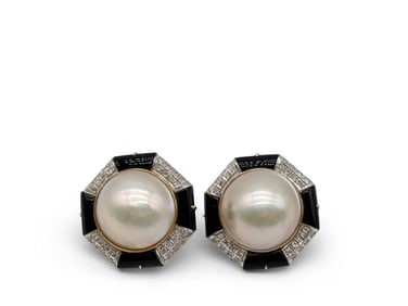 Pair of 14K Onyx, Pearl, and Diamond Earrings