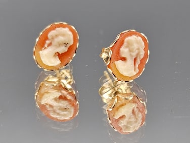 14k Gold Carved Cameo Earrings
