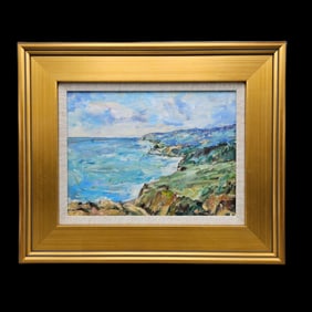 Gilt-Framed Oil/Board: Rocky Coast
