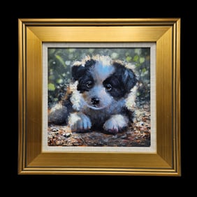 Gilt-Framed Oil/Board: Border Collie Puppy